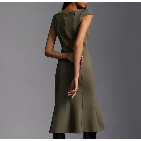 Anthropologie Cecily Dress XS Olive Green Button Front Fit Flare Midi Cap Sleeve - Picture 4 of 13